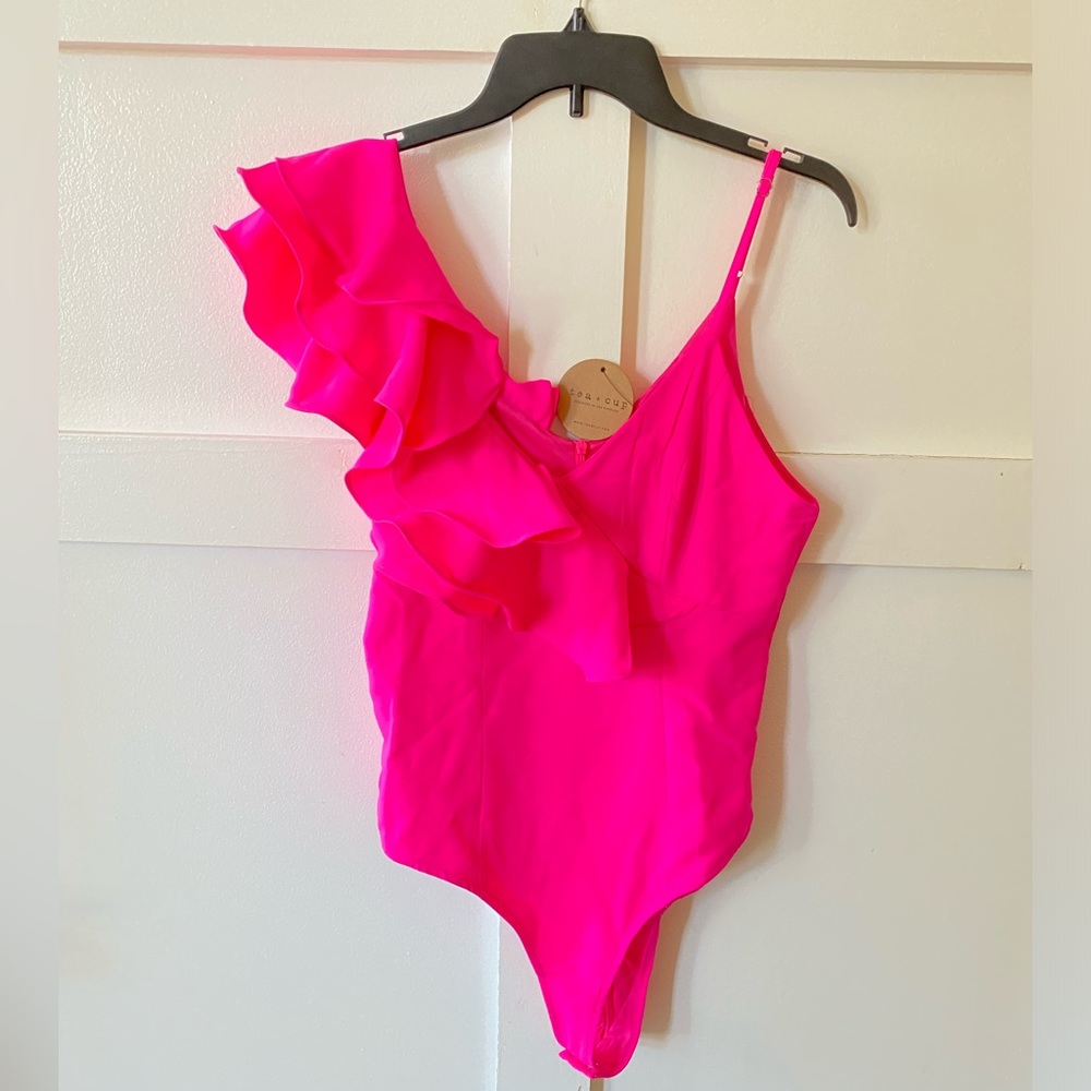 Tea+Cup Hot Electric Pink bodysuit with one sleeved ruffle- brand new with tags
